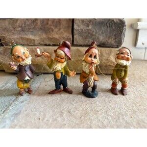 4 Vintage Hard Plastic Elf Gnome Christmas Ornaments - Hong Kong